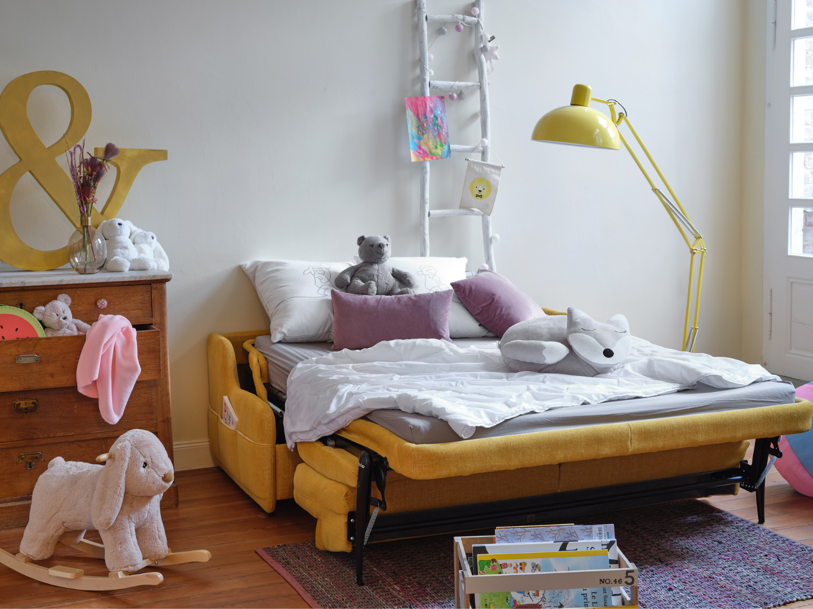 DORADO_6 Gelbes Schlafsofa geöffnet