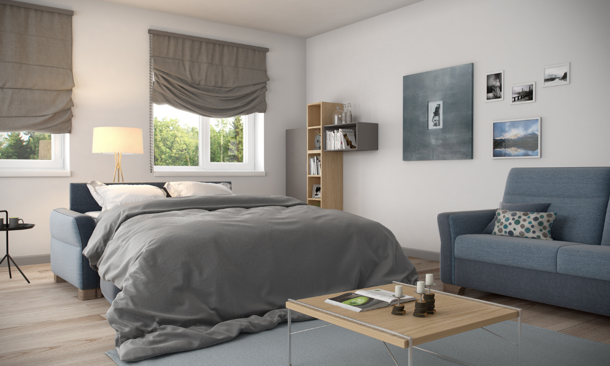 EKLIPSO_Ambiente_Stoff_blau_offen Blaues Schlafsofa geöffnet mit Bettbezug