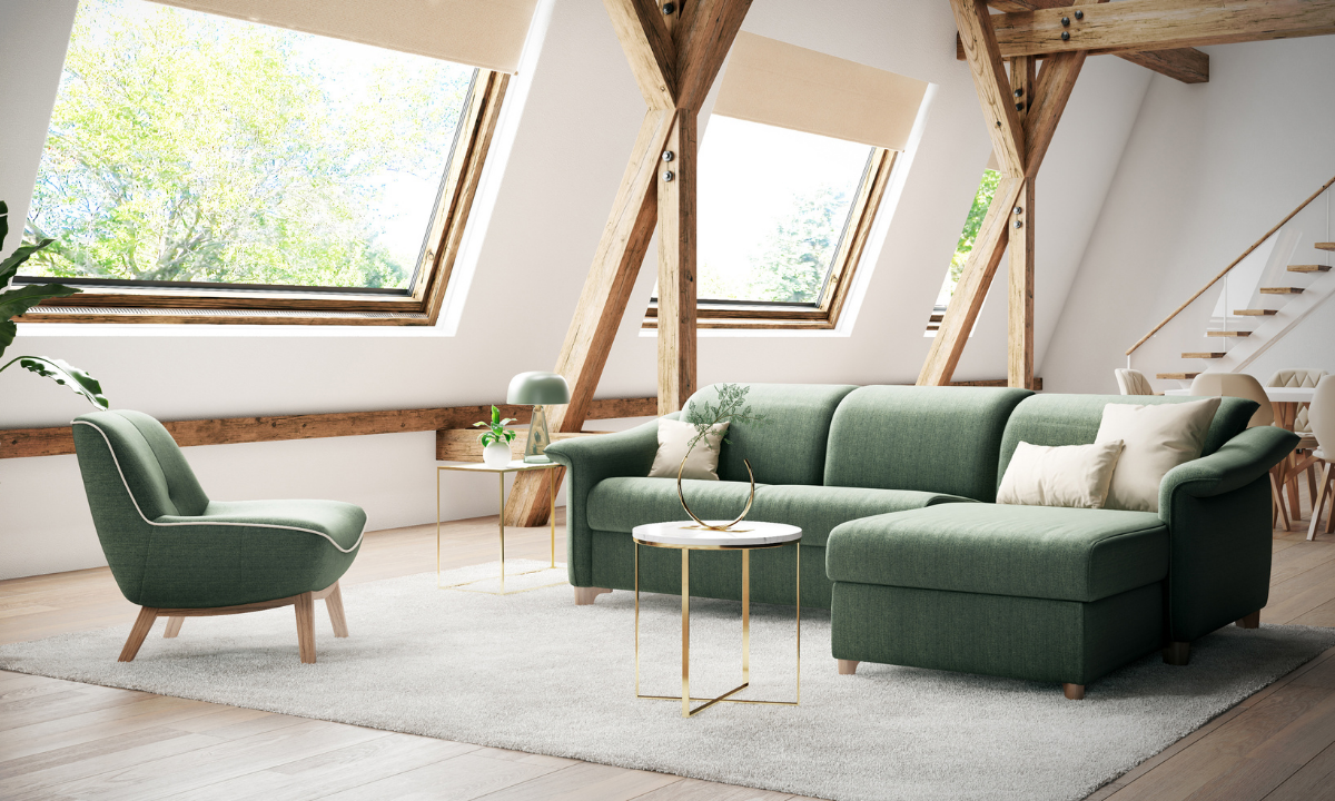 GALAXIO_Ambiente_leder_Gruen_Longchair Grünes Schlafsofa mit Longchair